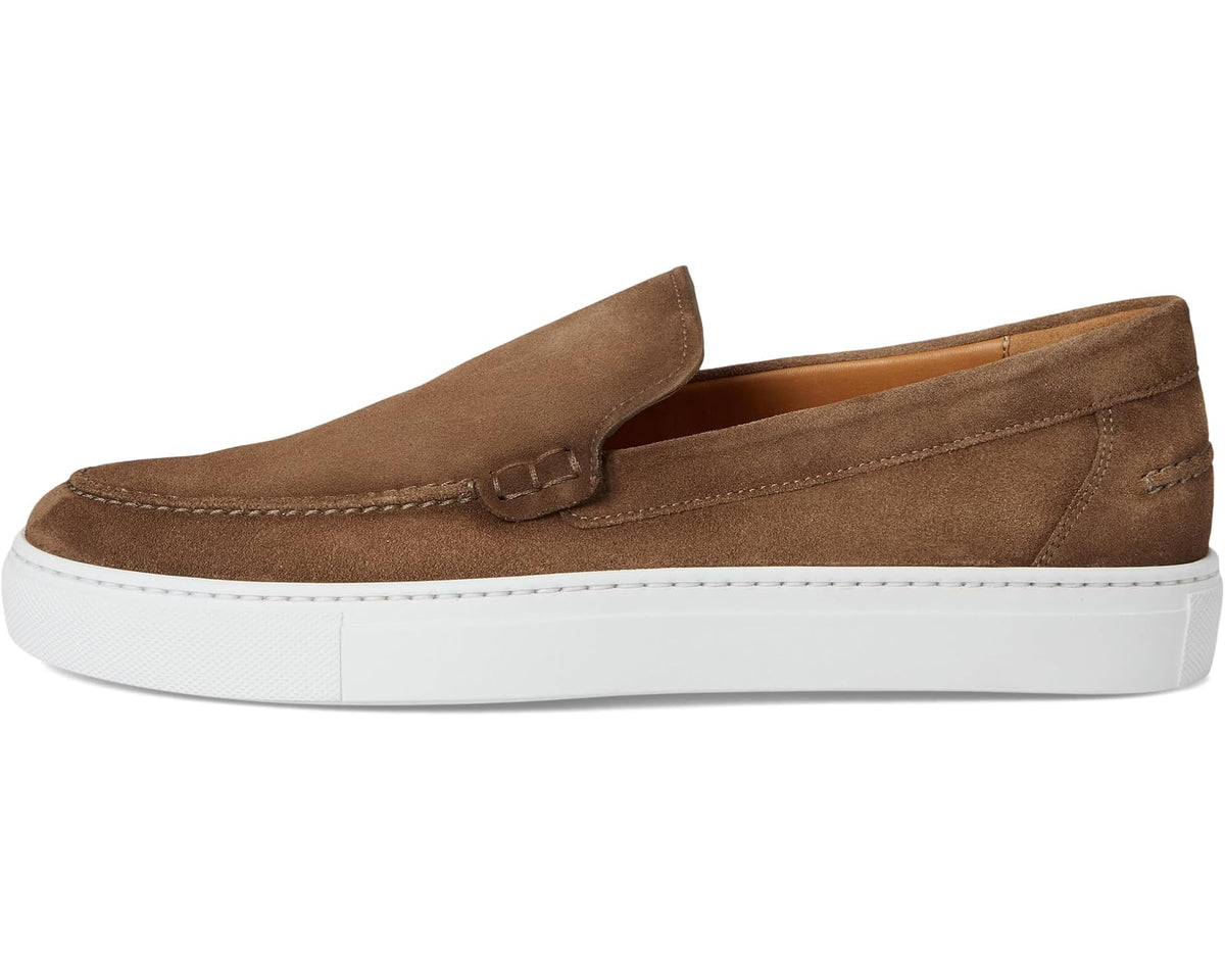 Suede slip-on moccasin with buckle strap and white platform sole