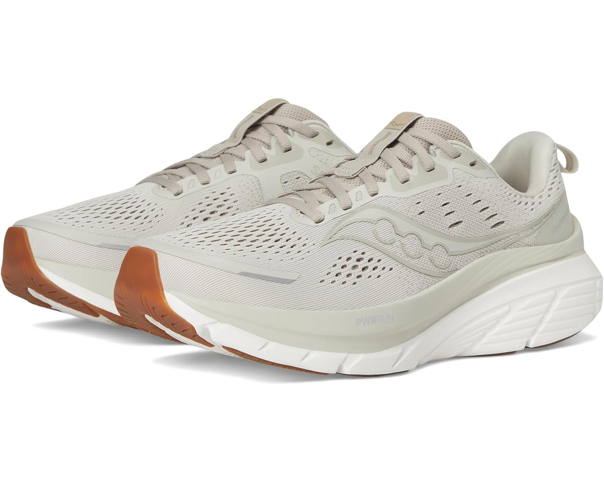 Bone running shoe with perforated mesh upper, lace-up closure, and thick white sole.