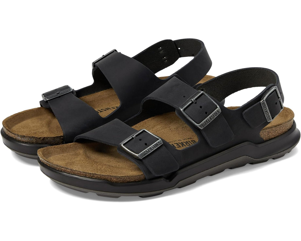 Men's Milano sandals in black oiled leather with two adjustable buckles