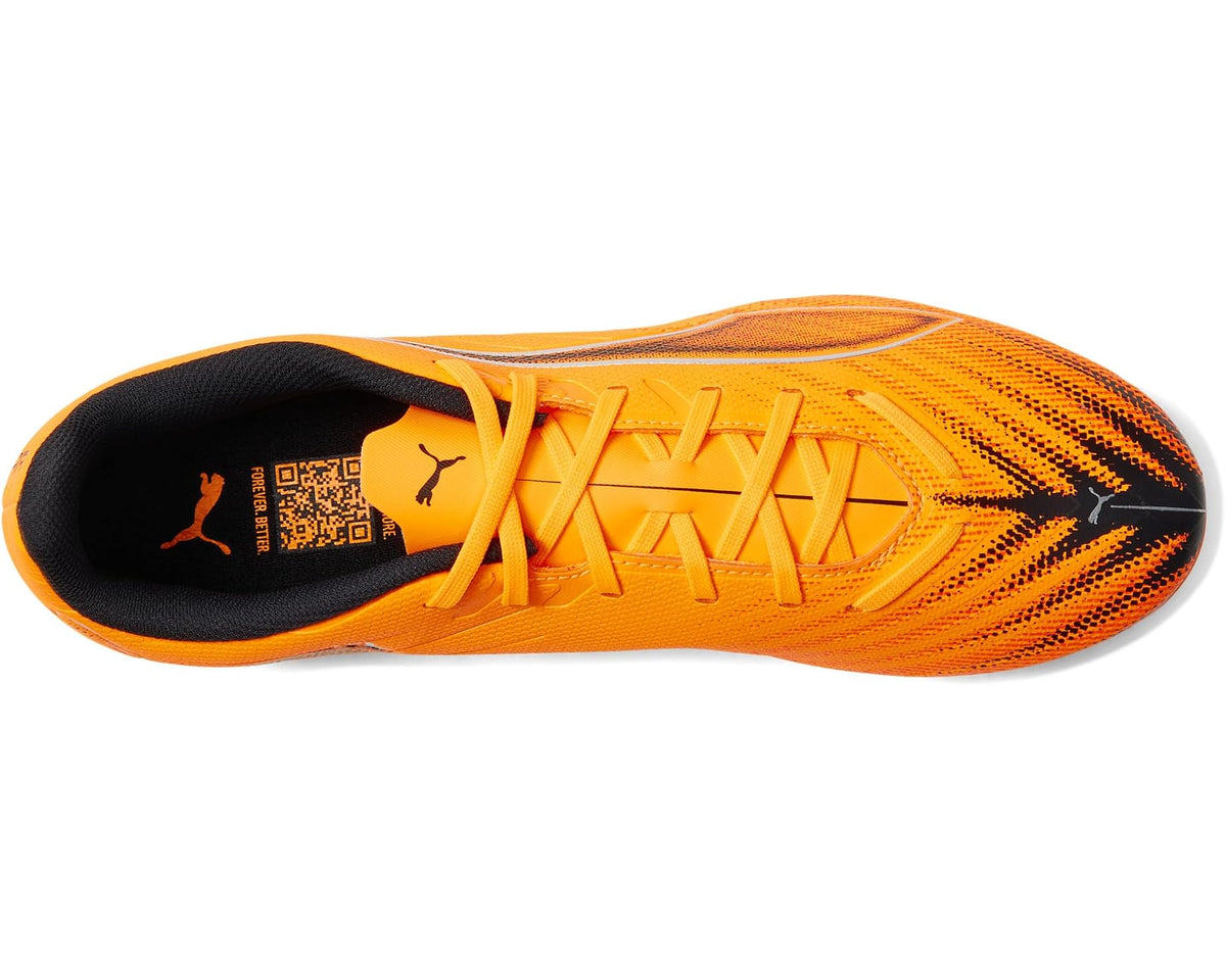 PUMA men's soccer cleat side view with orange mesh upper and black heel lining