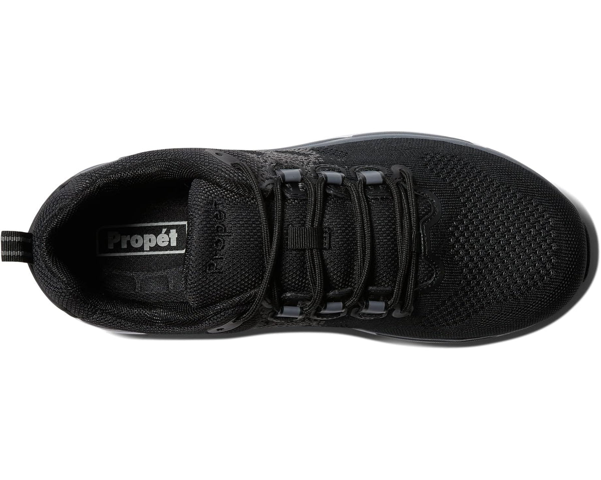 Men's black lace-up athletic shoe, side view with Propet logo on tongue