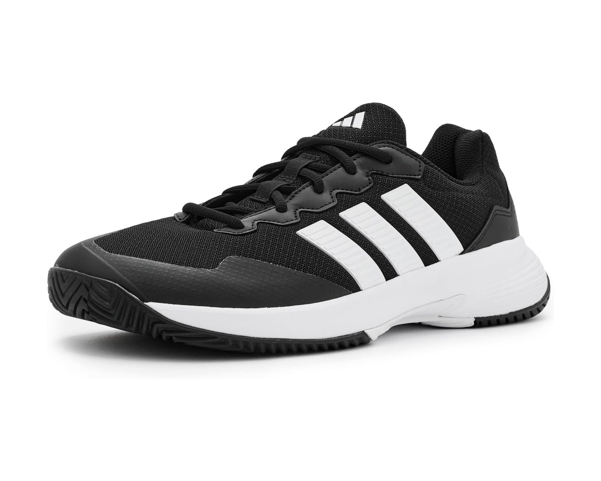 Black and white adidas tennis shoes with three side stripes, low-profile lace-up