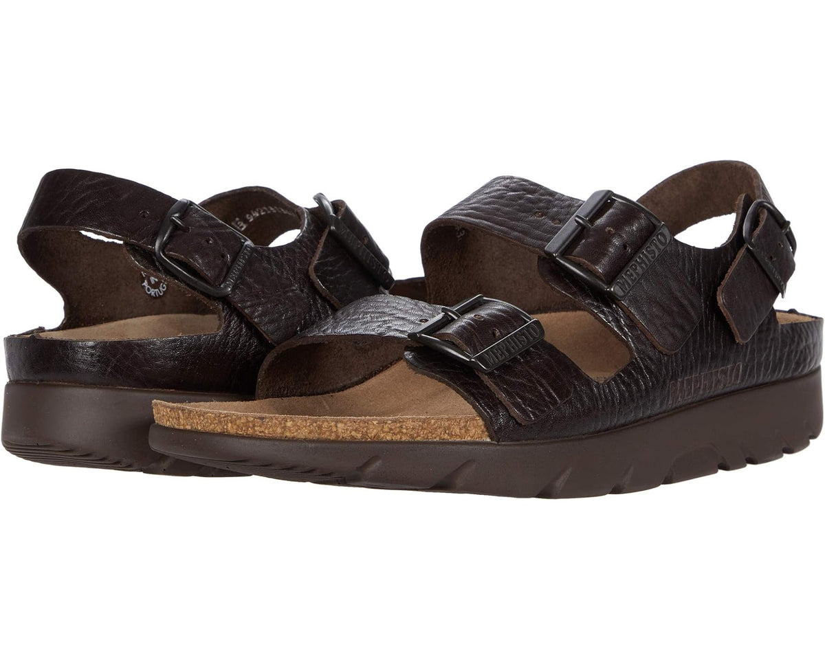 Men's Mephisto Zeus dark brown buffalo sandals with two adjustable buckle straps