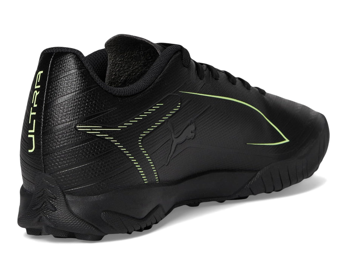 Black PUMA turf soccer cleats heel and side view with neon green trim
