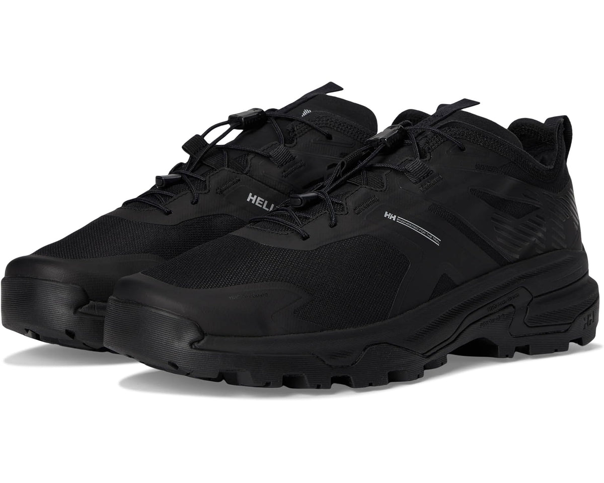 Black lace-up hiking shoes with rugged trail sole