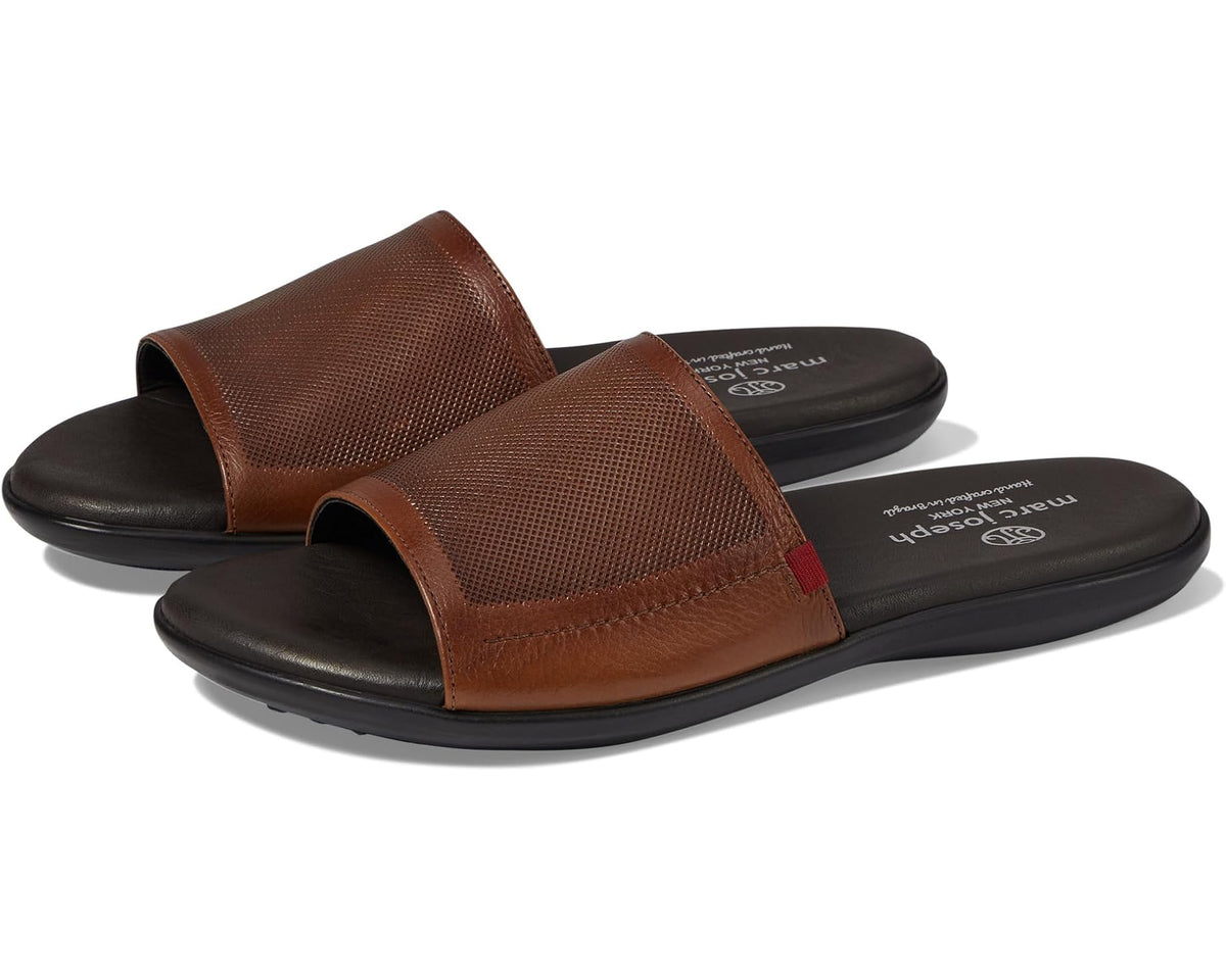 Men's cognac grainy leather slide sandals with wide straps and black sole