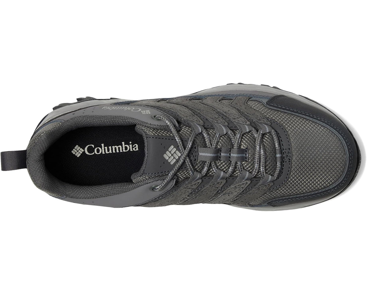 Low-cut trail shoe in charcoal gray with mesh-like upper, lace-up, and durable tread