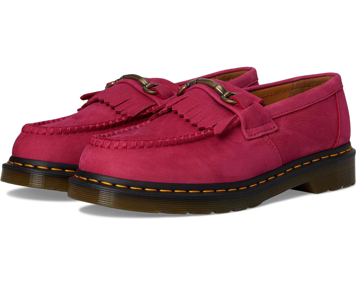 Fuchsia pink suede loafer with moc toe fringe and bronze snaffle bit