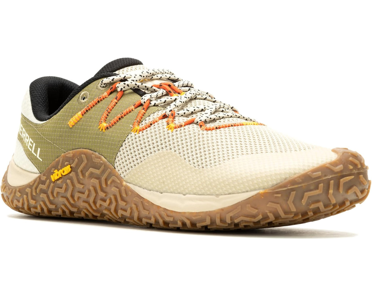 Men's Merrell trail running shoe with mesh upper, orange laces, rugged rubber outsole