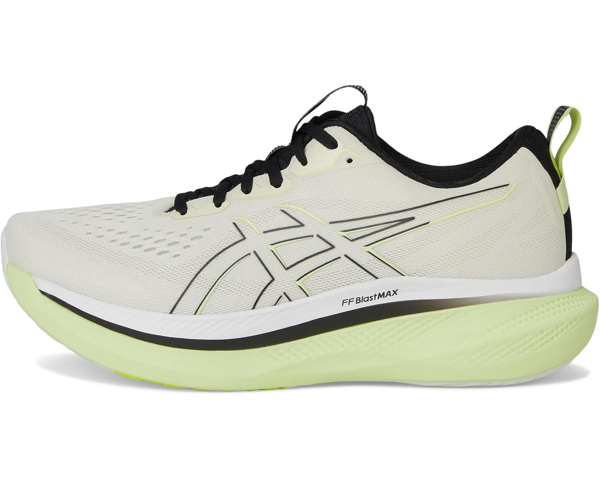 Men's ASICS Glideride Max sneaker, birch upper with black accents and neon green midsole