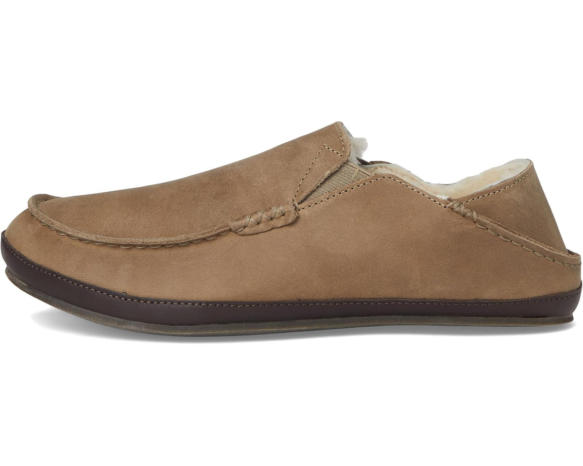 Men's OluKai Moloa suede slip-on slippers, tan upper with stitched toe seam
