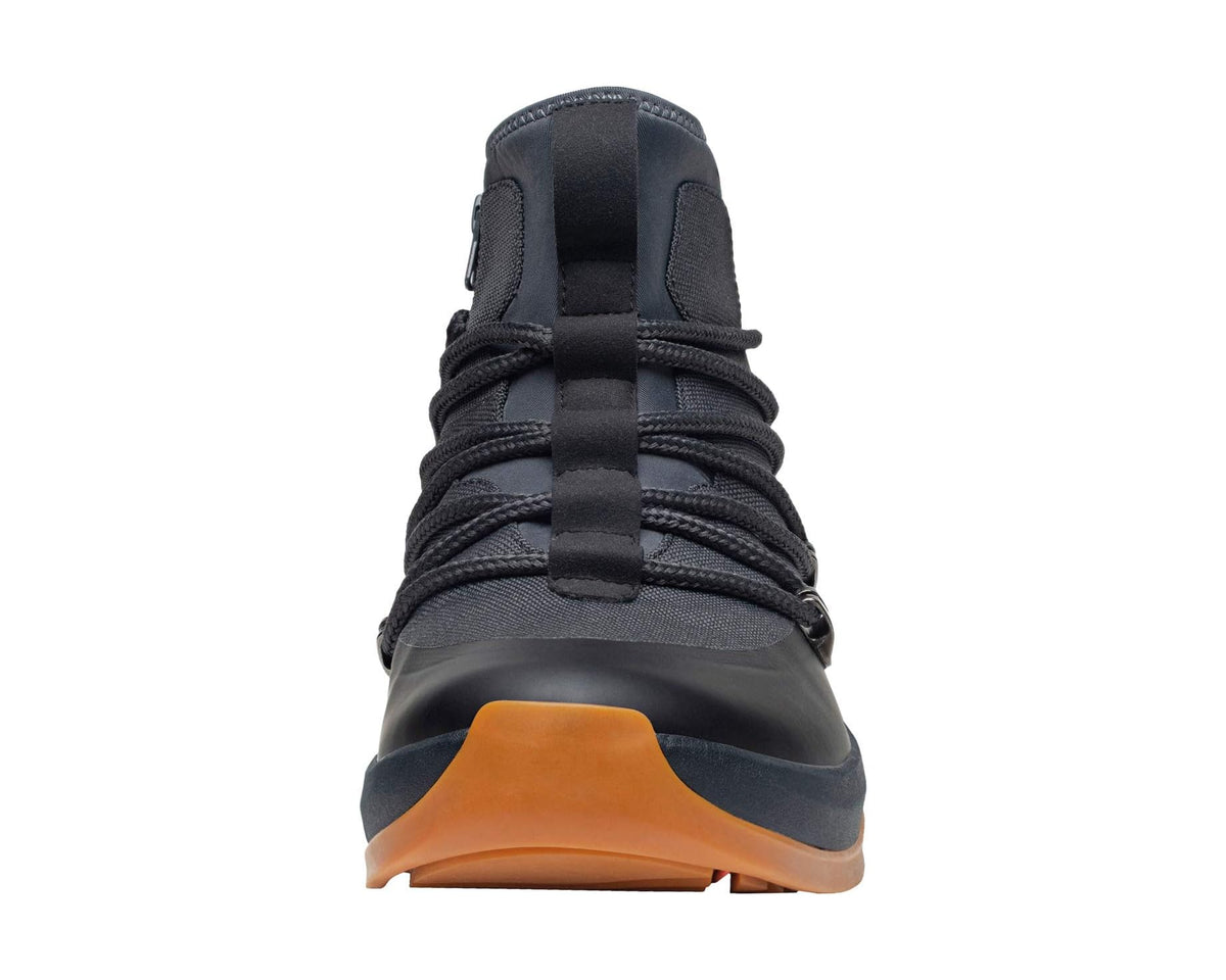 Black high-top boot heel with elastic pull strap and brown rubber sole