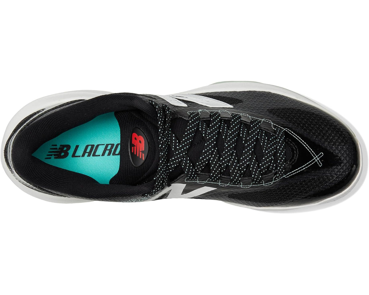 Men's box lacrosse cleats showing inside collar, black upper with white accents