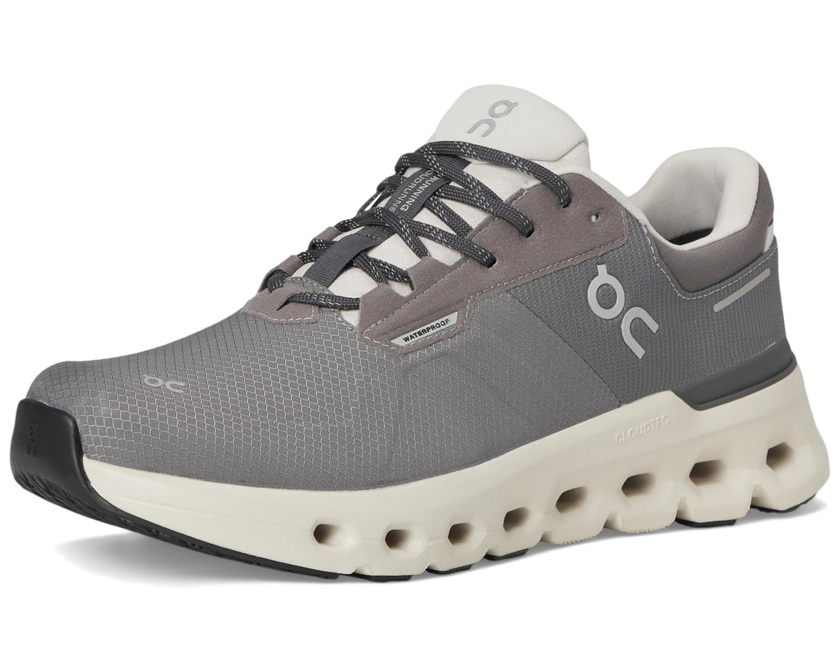 On Cloudrunner 2 waterproof running shoes, front three-quarter view in gray with white sole