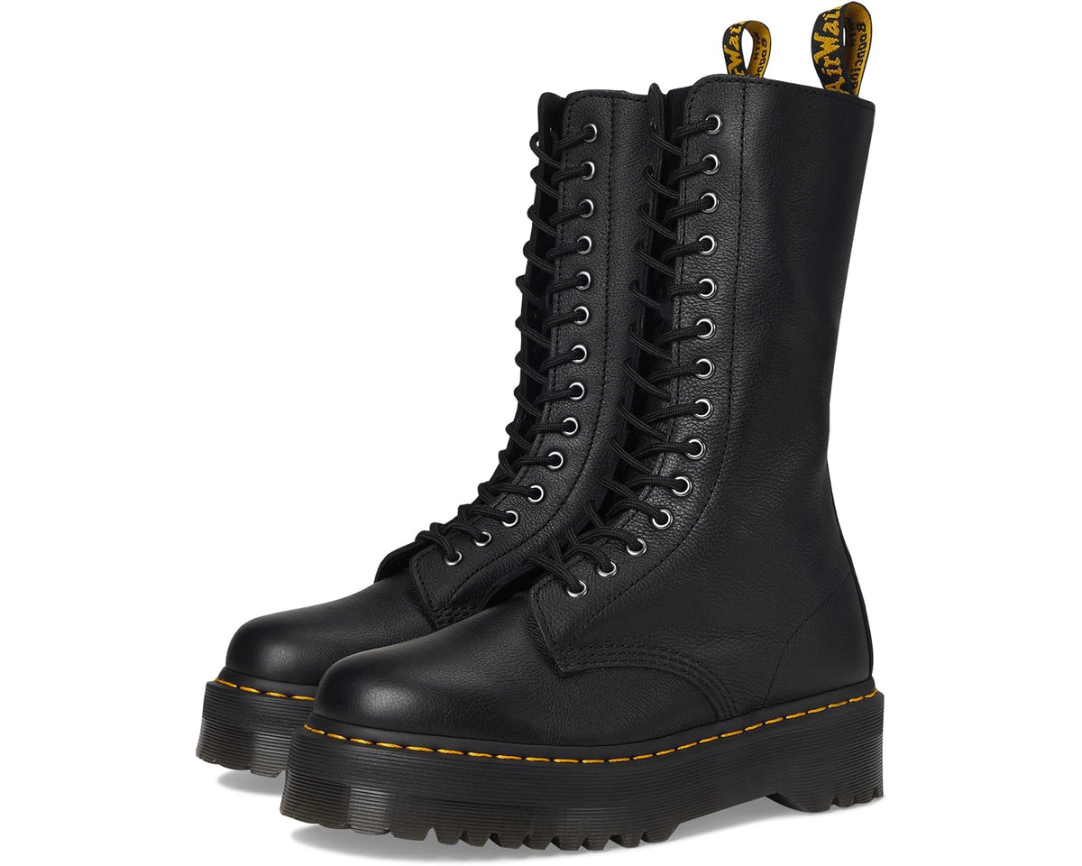 Dr. Martens 1B99 black quad lace-up boots with yellow stitching and thick tread