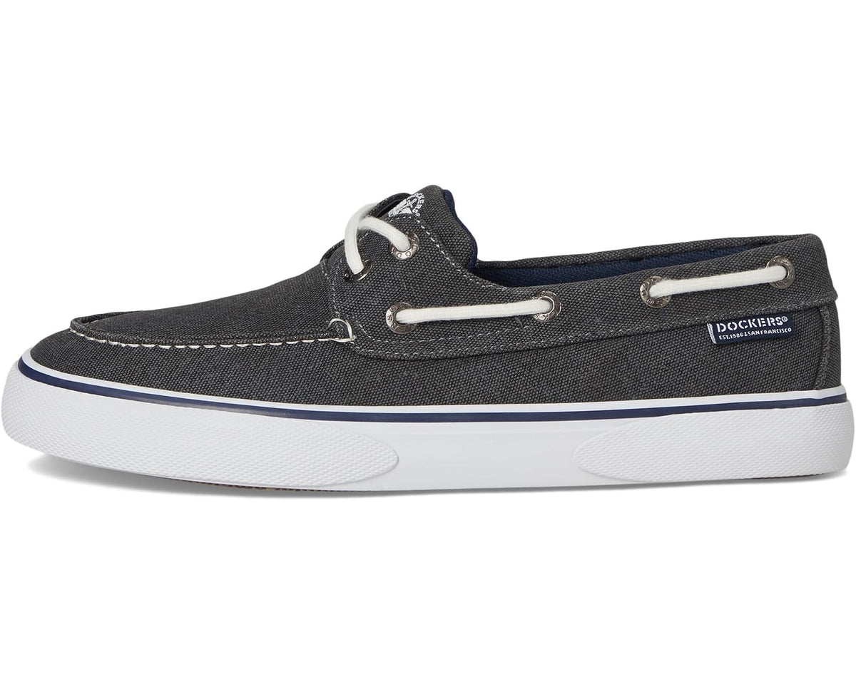 Black canvas Dockers boat shoe with lace-up top and white contrast sole