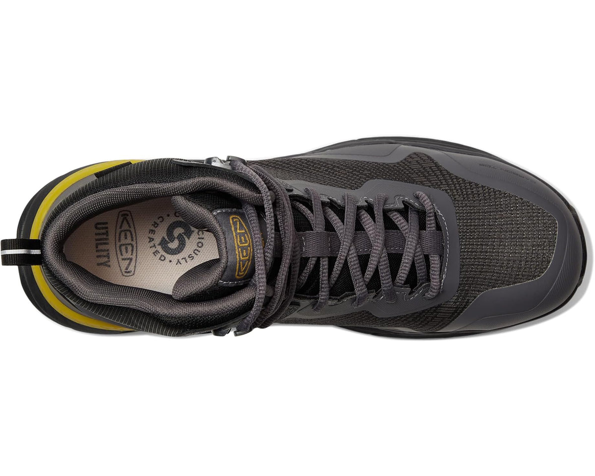 Dark gray waterproof work boot with lace-up closure and yellow-trimmed collar.