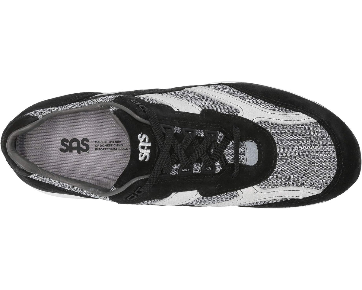 Men's lace-up sneaker with gray-and-black mesh upper, white panels, and SAS branding