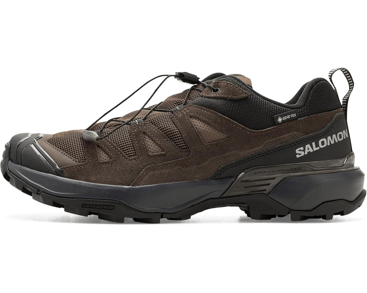 Men's Salomon mid-top hiking shoes with mudguard, dark earth suede and black mesh
