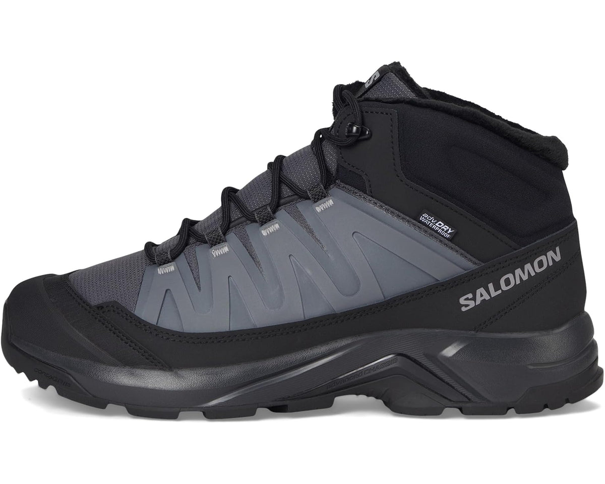 Men's Salomon high-top hiking boot, black upper with gray side panels and lace-up
