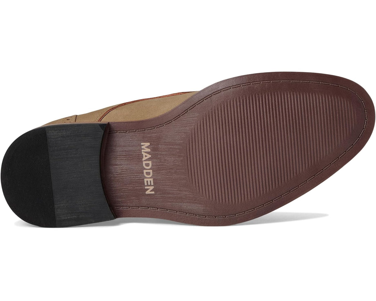 Men's taupe oxford shoe outsole view with ribbed tread and MADDEN logo