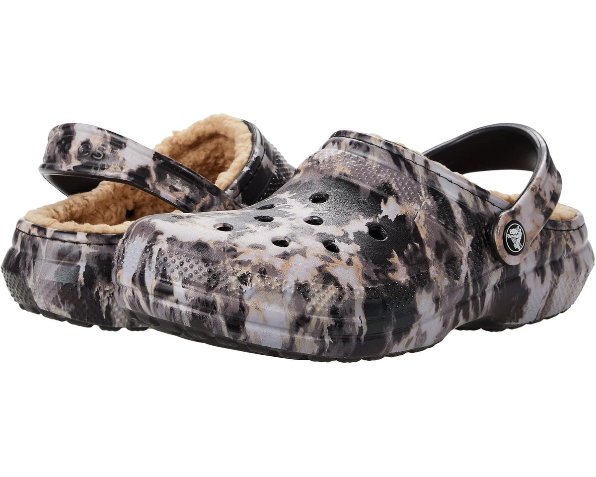 Crocs lined tie-dye clogs, black with bleach accents, with plush interior