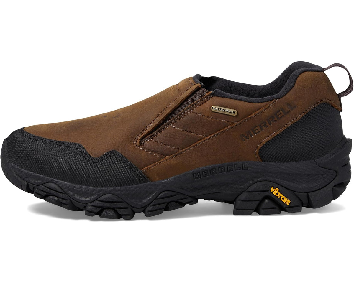 Side profile of brown suede waterproof moc boot with black trim and Vibram-style outsole