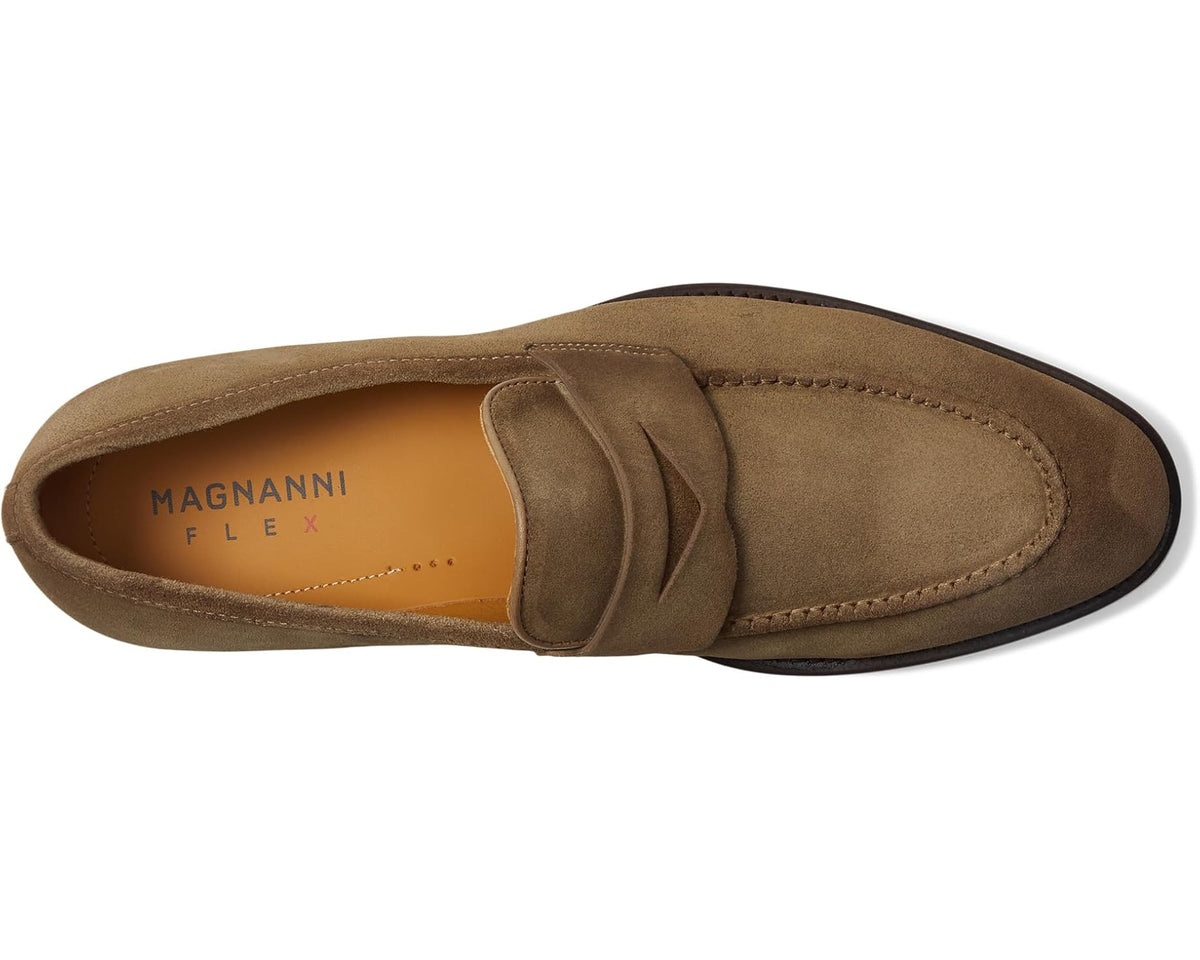 Men's taupe suede loafer showing insole with MAGNANNI FLEX branding