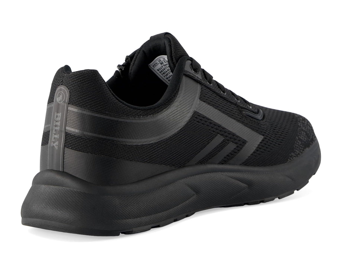 Black sneakers side view with BILLY logo on heel and lace-up top