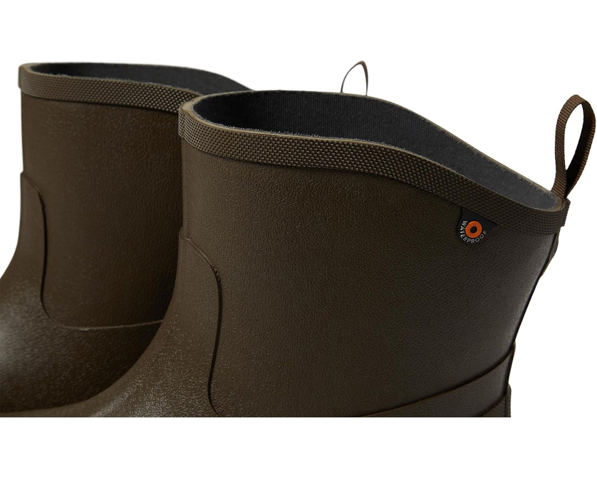 Men's mid brown Bogs Digger mid boots close-up of side pull tab and logo