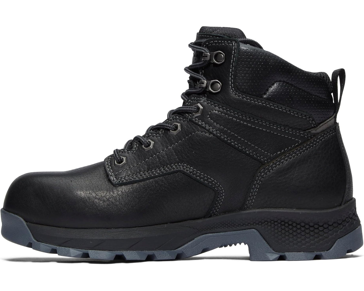 Men's black high-top work boots with side panels, hooks, and lace-up closure