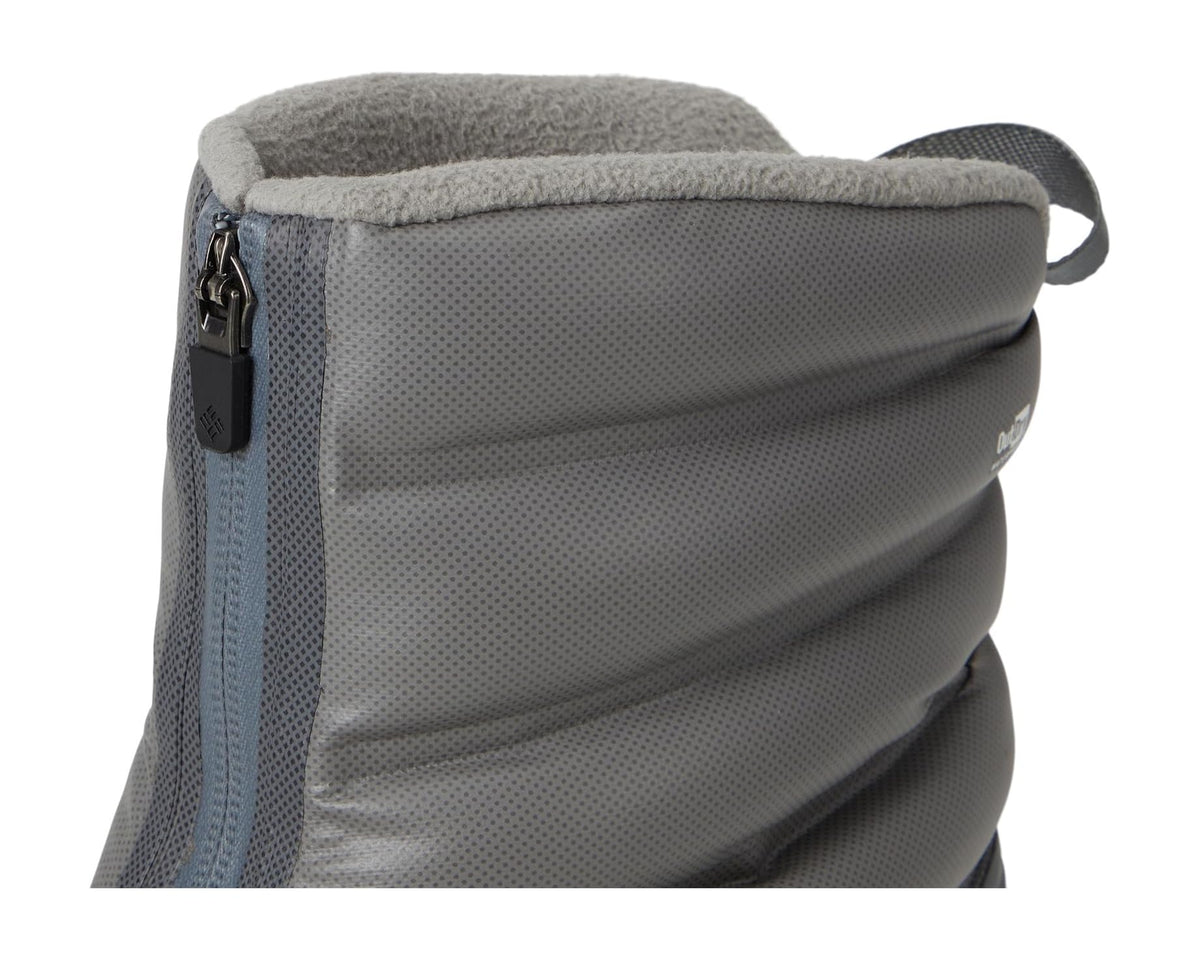 Men's hiking boot side close-up with zip pocket and perforated gray fabric panel