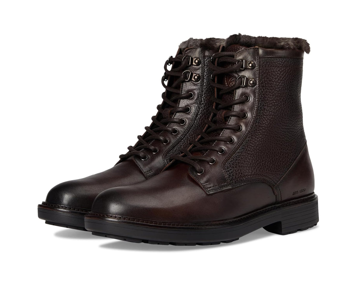 Dark brown lace-up shearling boots with plain toe and padded collar