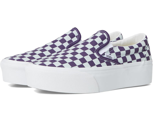 Checkered canvas slip-on platform sneaker in purple and white, Vans logo detail