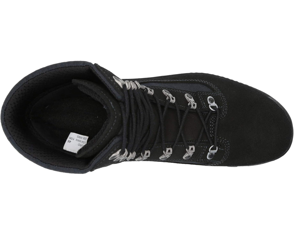 Black boot with open collar, lace-up row, and padded interior lining