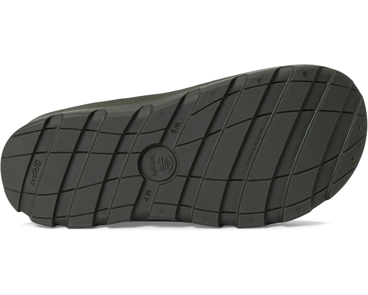 Women's Kamik slip-on clog, dark olive outsole with grid tread pattern