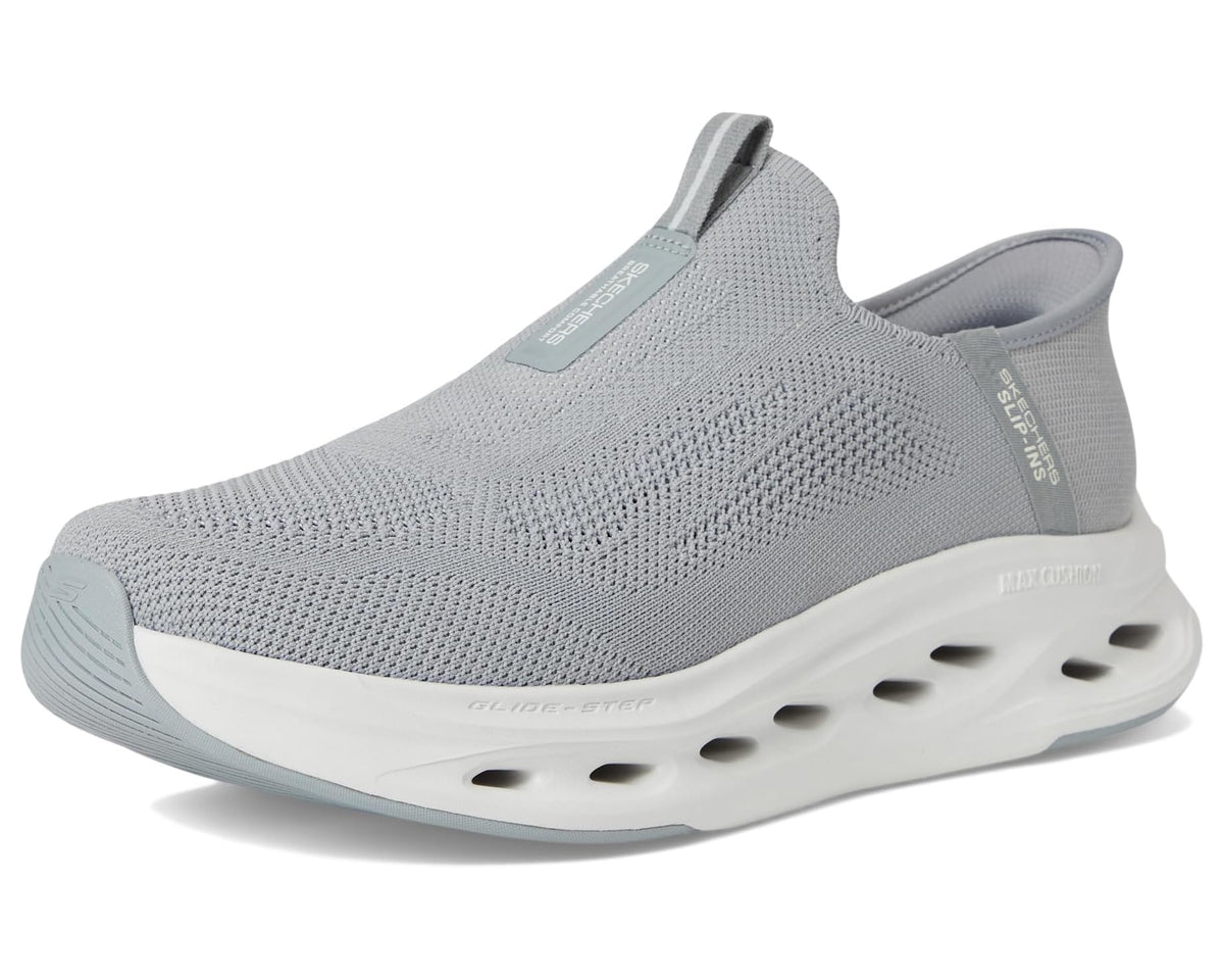 Men's SKECHERS slip-on sneaker, grey mesh upper and white sole with side logo labels