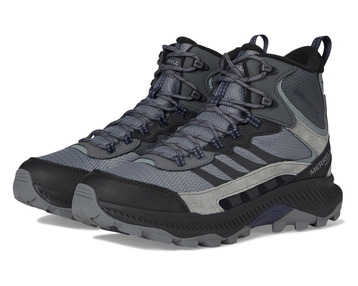Men's mid waterproof hiking boot, gray/black lace-up, padded collar, grippy lug sole.