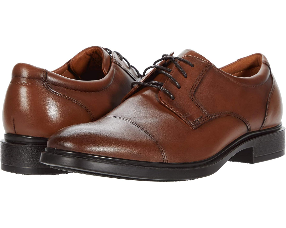 Men's Florsheim waterproof cap-toe oxford shoes in cognac smooth leather, lace-up.