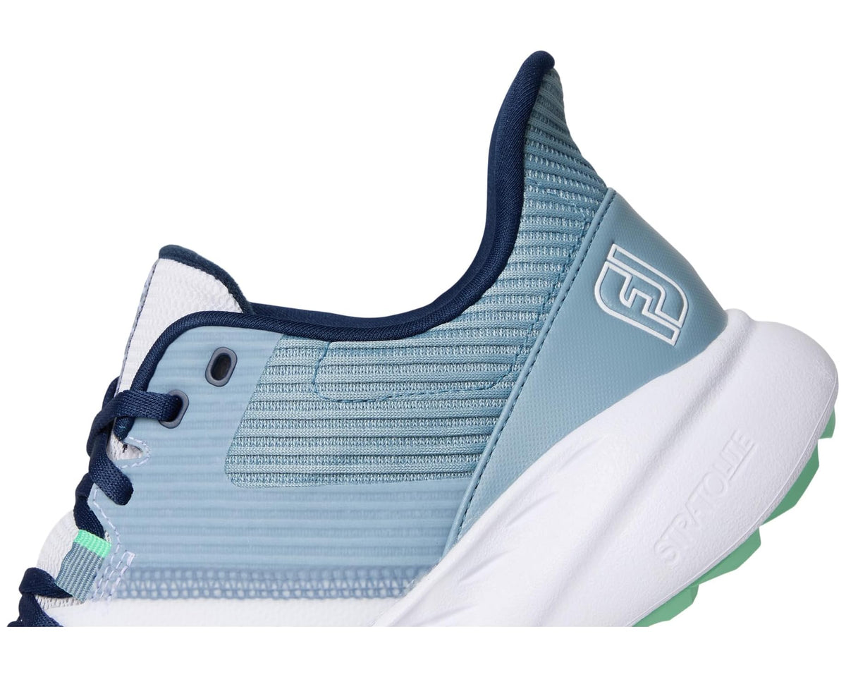 Men's light blue knit golf shoe with navy details and side logo on white sole