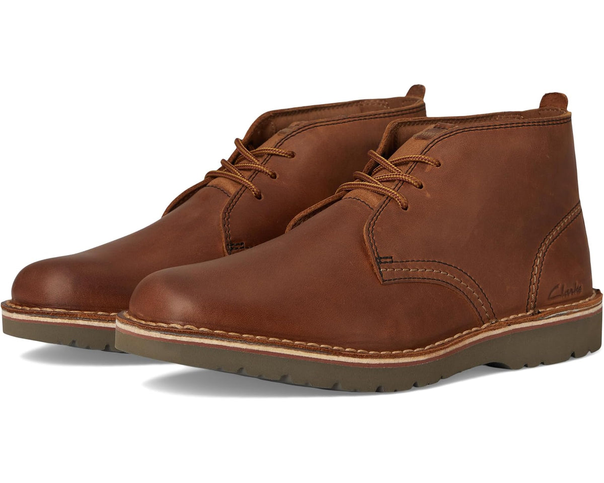 Men's Clarks lace-up chukka boots in light brown leather with stitched panels