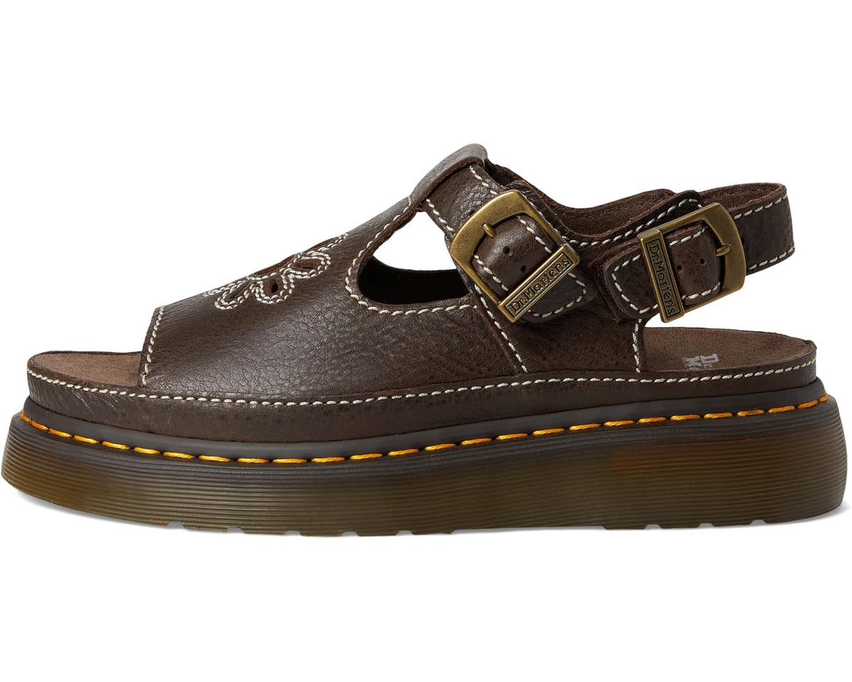 Brown leather sandal with two adjustable straps and yellow edge stitching