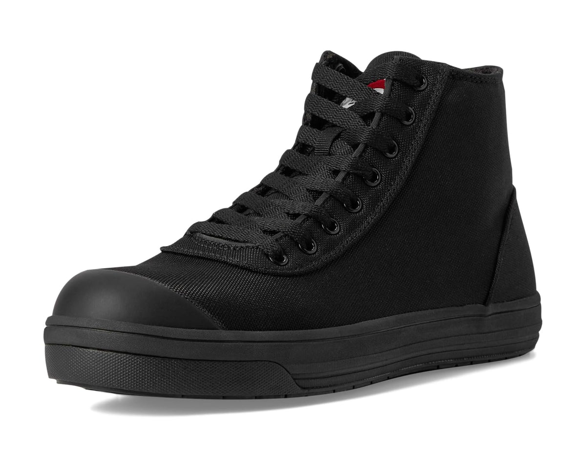 Black lace-up high-top work boot with thick sole and padded ankle collar