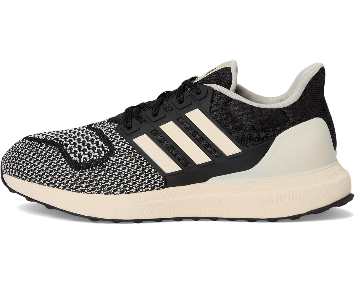 Men's adidas running shoe, black and white knit upper with three-bar stripes