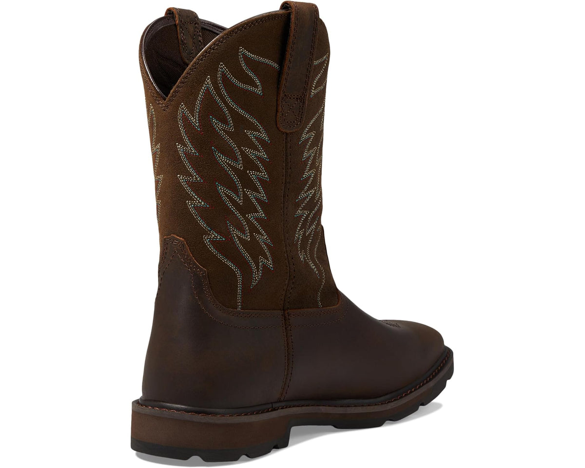 Brown Ariat pull-on boots with tall shaft, embroidered accents, and dark rubber sole