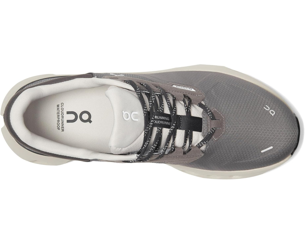 On Cloudrunner 2 waterproof shoes, gray lace-up top with padded tongue and lining
