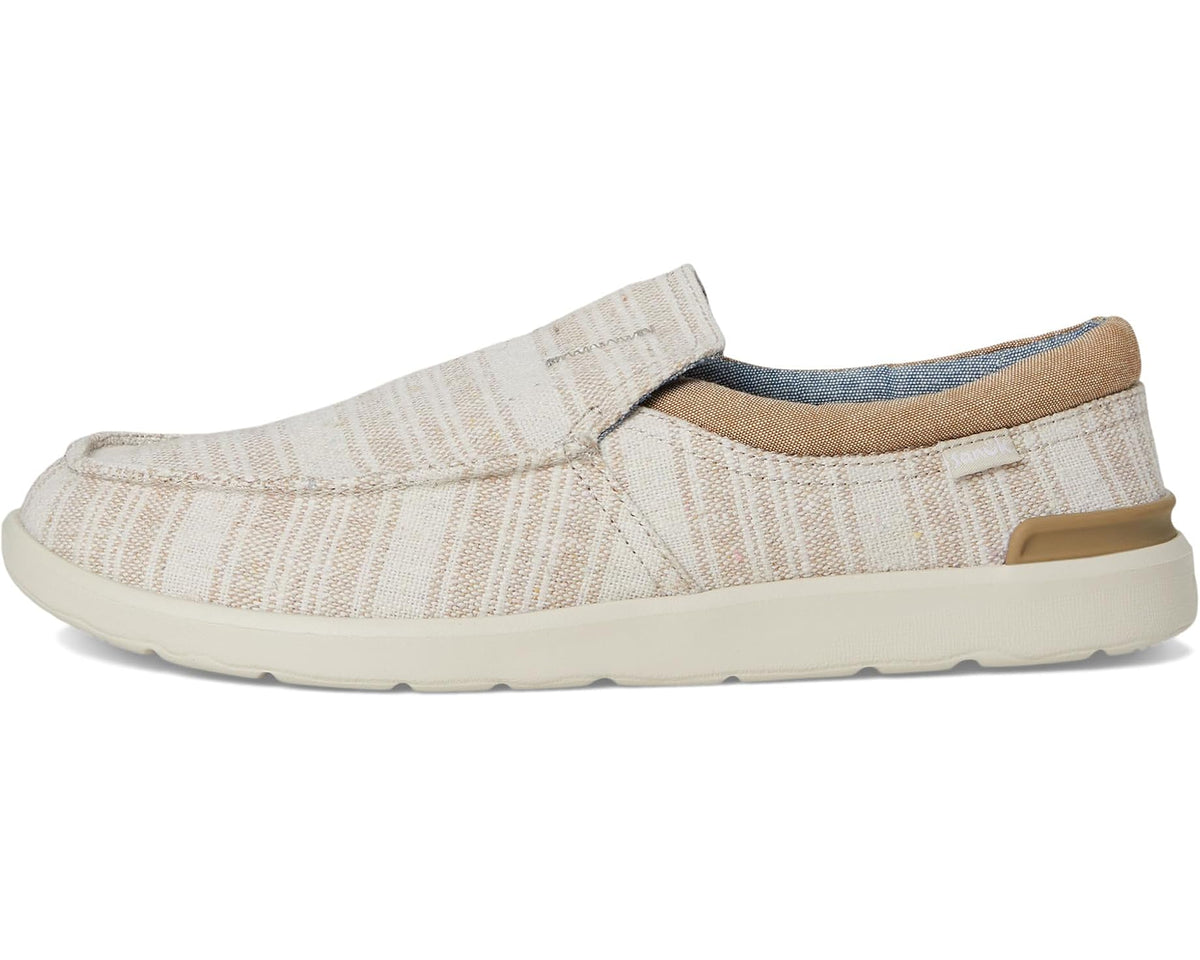 Sanuk Hangout Lite striped slip-on shoes, tan heel trim and cushioned upper