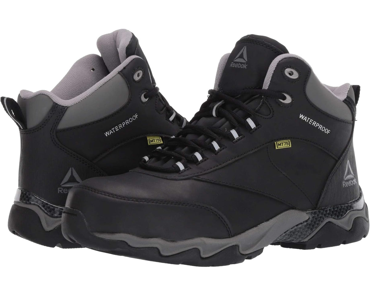 Men's waterproof work boots, black leather upper with lace-up front and padded collar