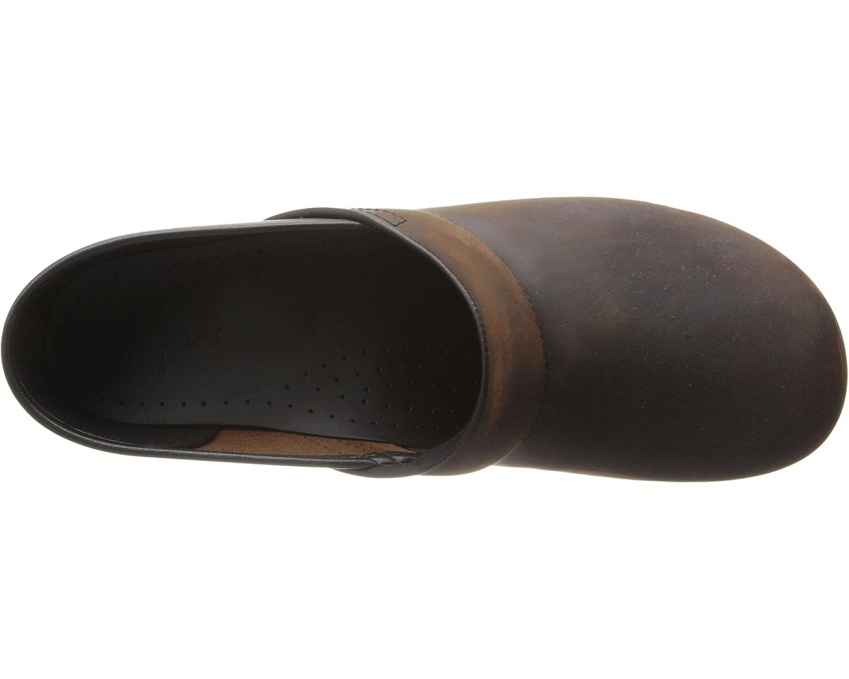 Antique brown oiled leather slip-on clog, perforated footbed, round toe