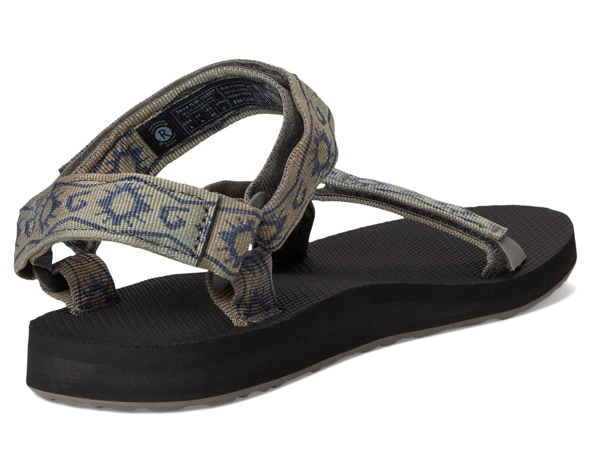 Men's Teva sport sandals with blue patterned strap across top and black footbed.